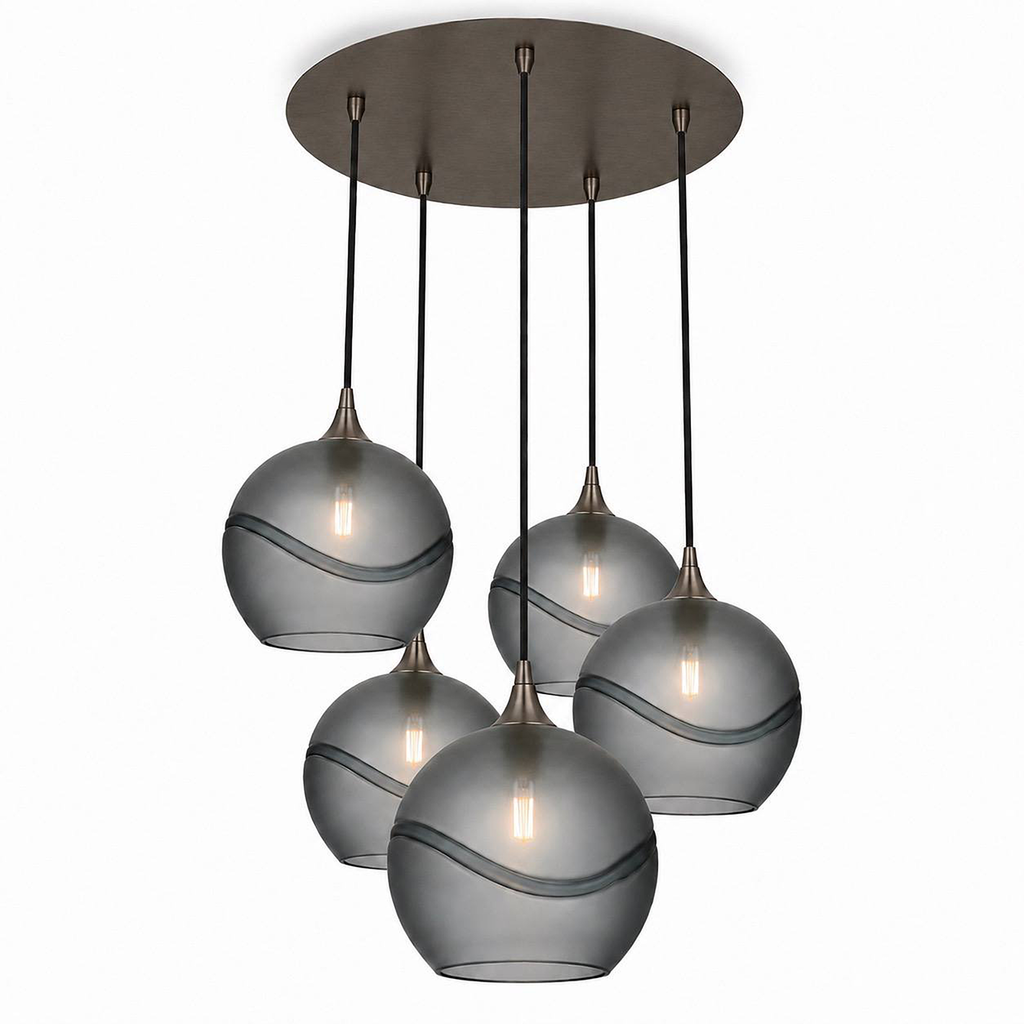768 5 Pendant Cascade Chandelier-Bicycle Glass Co-Glacial-Slate Gray-Antique Bronze - 4ft Cord-Bicycle Glass Co
