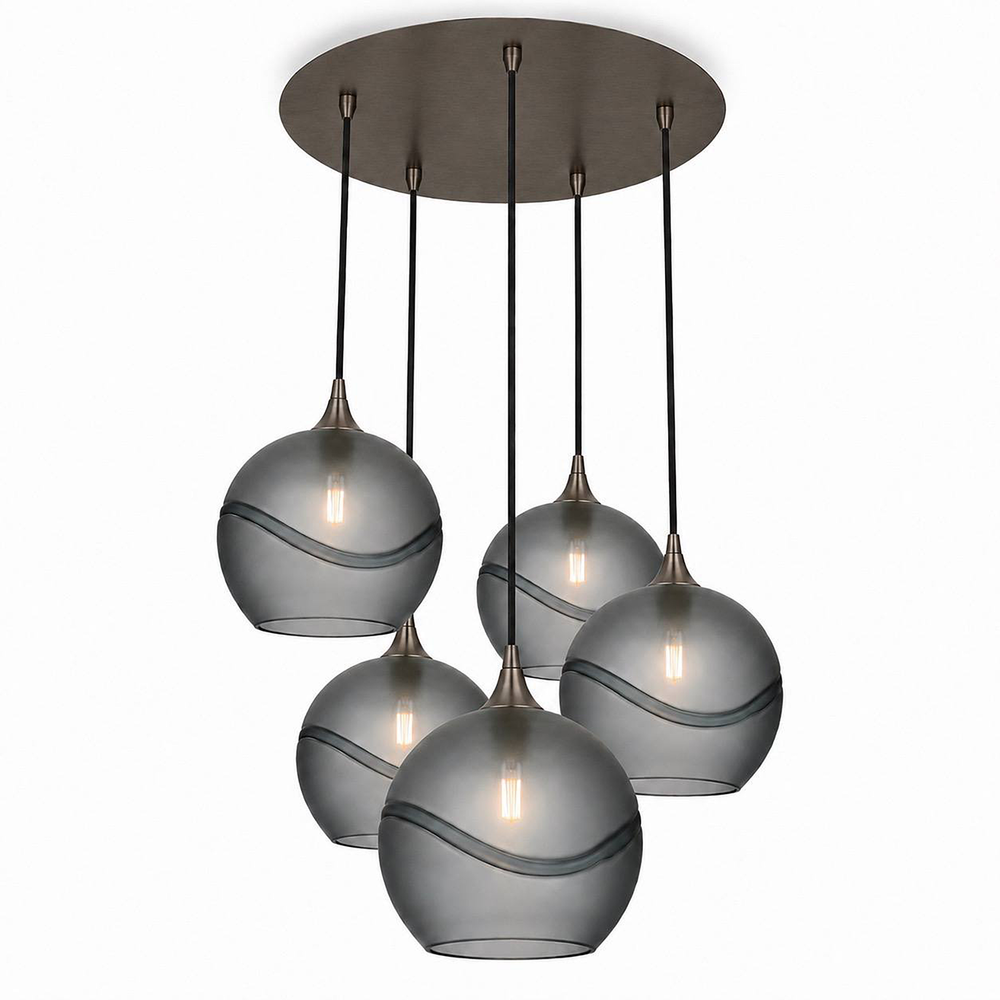 768 5 Pendant Cascade Chandelier-Bicycle Glass Co-Glacial-Slate Gray-Antique Bronze - 4ft Cord-Bicycle Glass Co