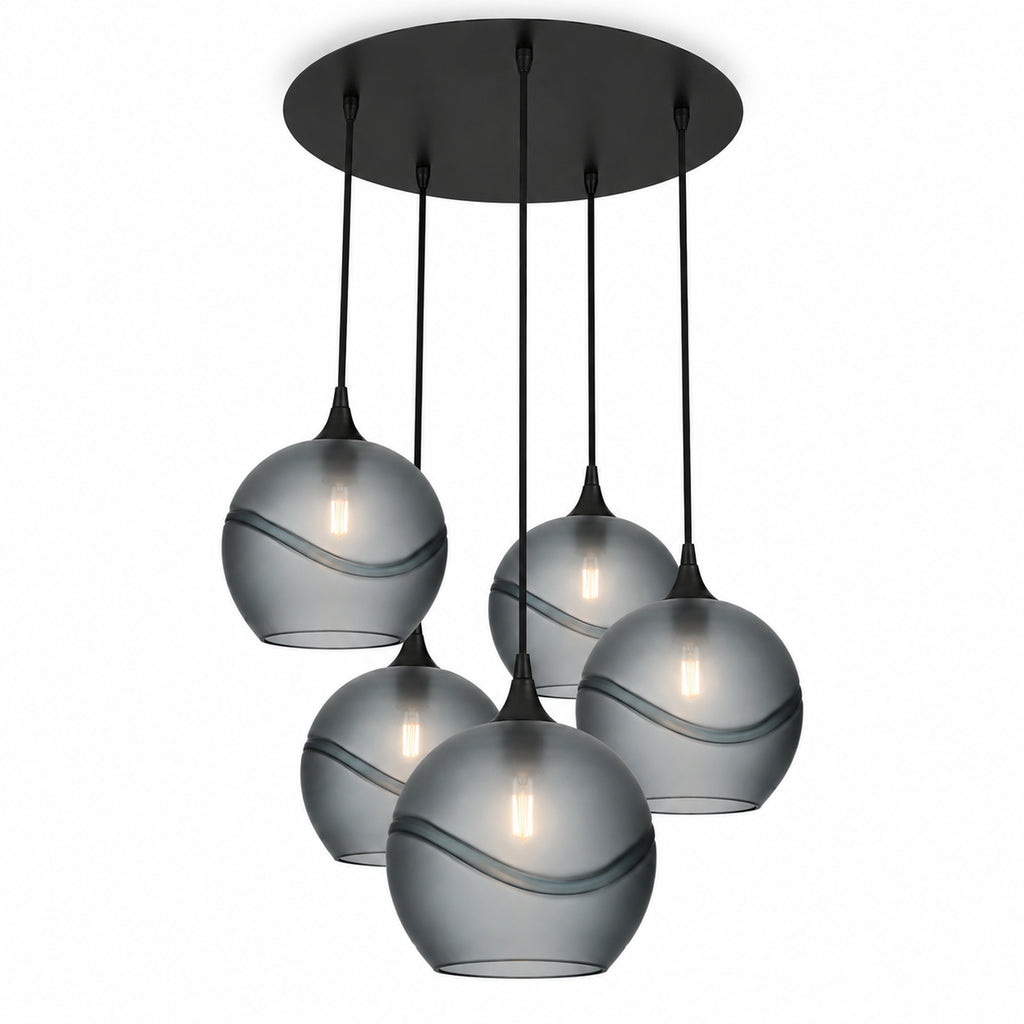 768 5 Pendant Cascade Chandelier-Bicycle Glass Co-Glacial-Slate Gray-Matte Black - 4ft Cord-Bicycle Glass Co