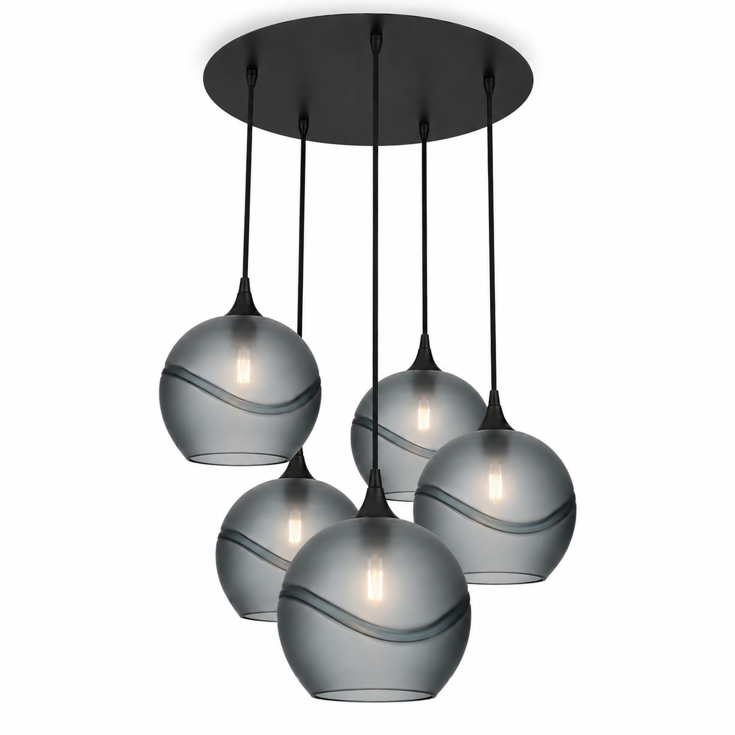 768 5 Pendant Cascade Chandelier-Bicycle Glass Co-Glacial-Slate Gray-Matte Black - 4ft Cord-Bicycle Glass Co