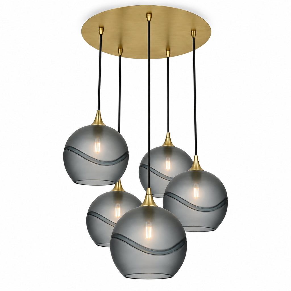768 5 Pendant Cascade Chandelier-Bicycle Glass Co-Glacial-Slate Gray-Polished Brass - 4ft Cord-Bicycle Glass Co