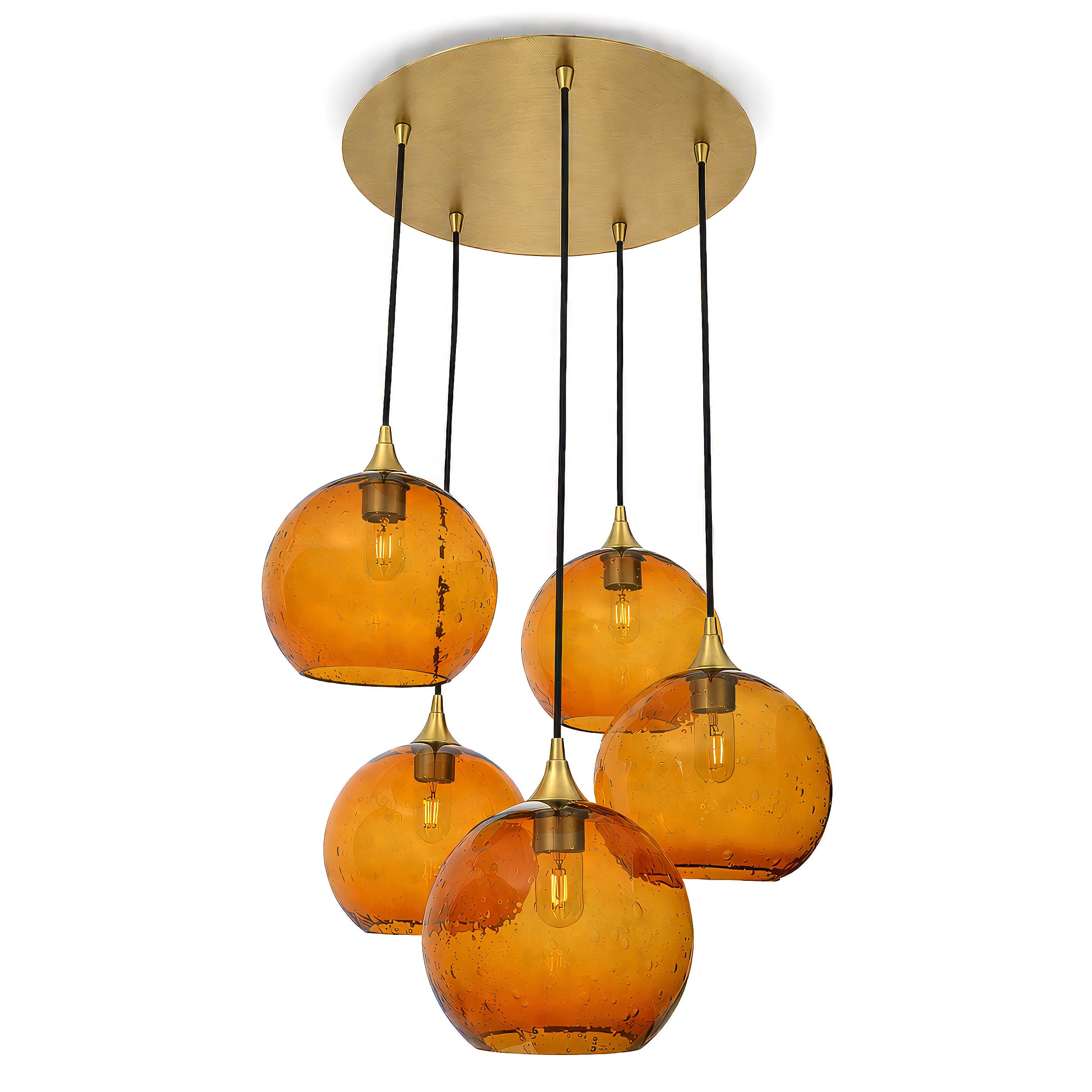 768 5 Pendant Cascade Chandelier-Bicycle Glass Co-Lunar-Golden Amber-Polished Brass - 4ft Cord-Bicycle Glass Co