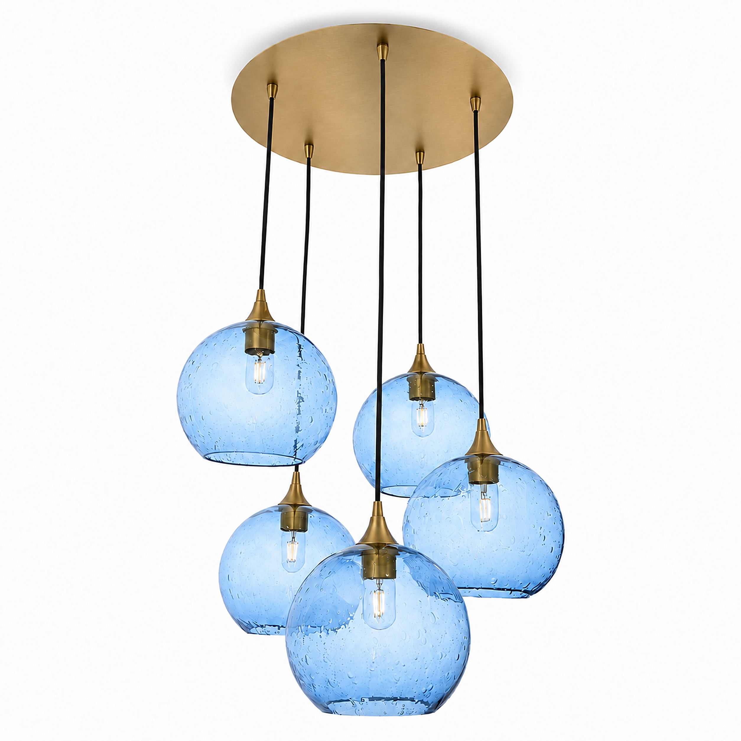 768 5 Pendant Cascade Chandelier-Bicycle Glass Co-Lunar-Steel Blue-Polished Brass - 4ft Cord-Bicycle Glass Co