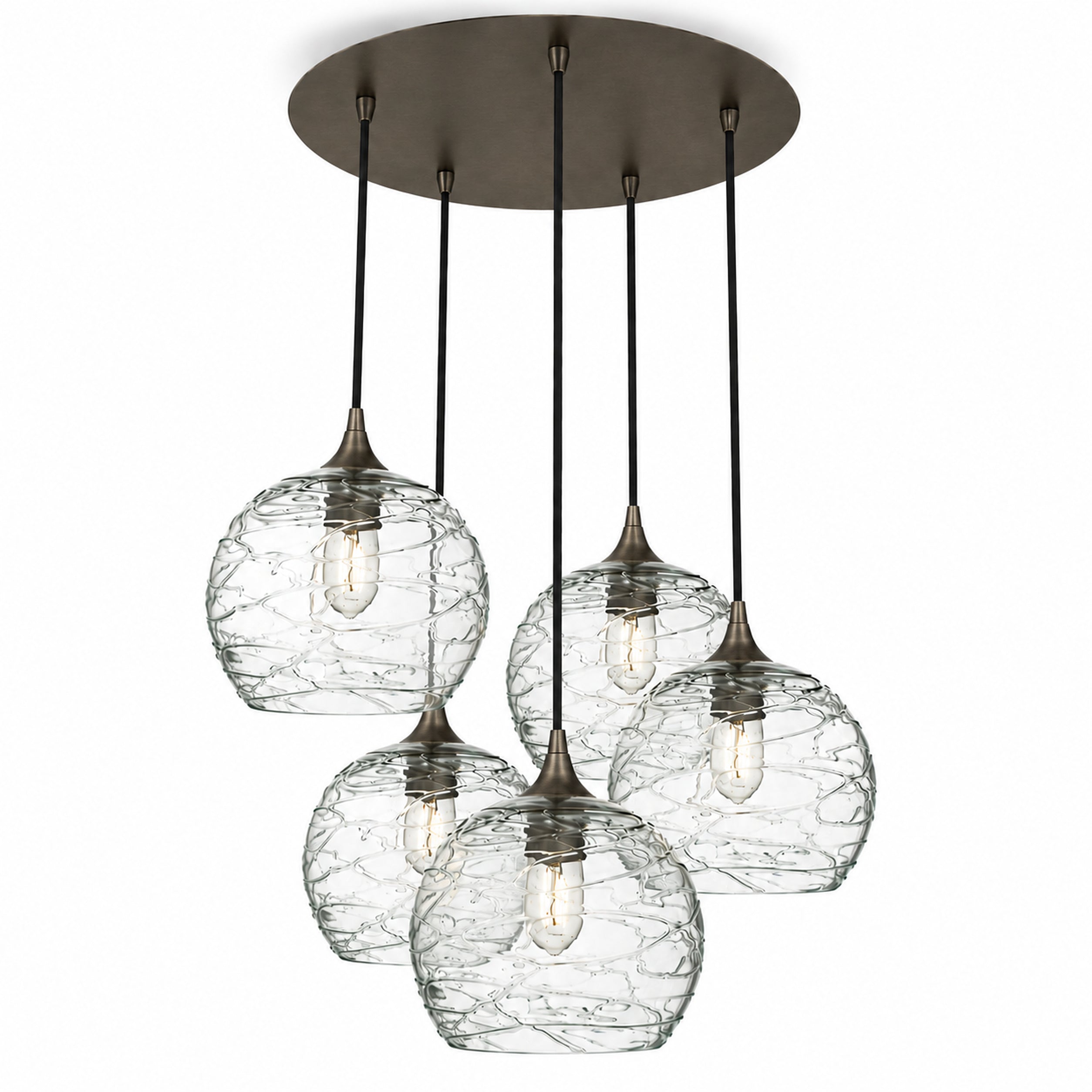768 5 Pendant Cascade Chandelier-Bicycle Glass Co-Spun-Eco Clear-Antique Bronze - 4ft Cord-Bicycle Glass Co