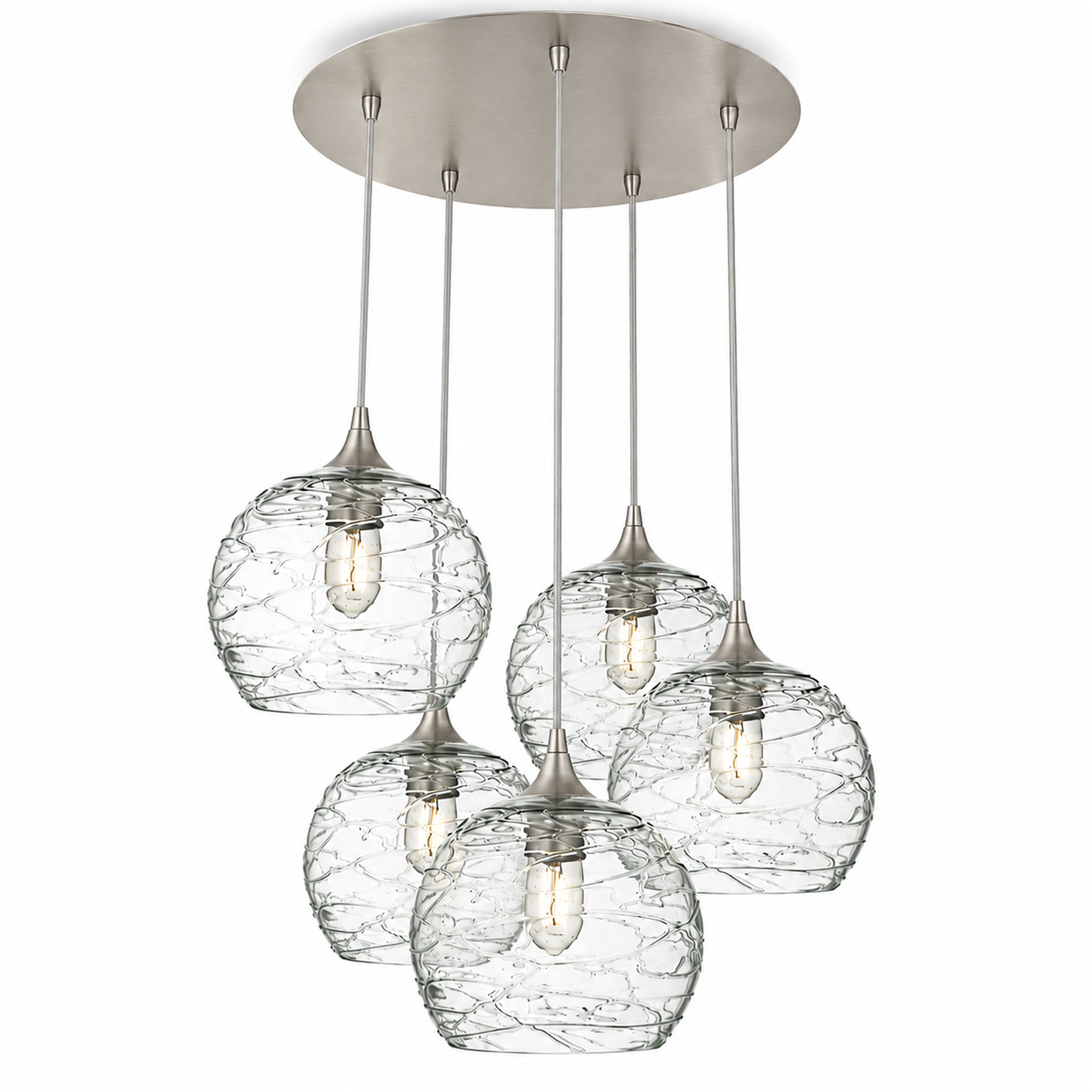 768 5 Pendant Cascade Chandelier-Bicycle Glass Co-Spun-Eco Clear-Brushed Nickel - 4ft Cord-Bicycle Glass Co
