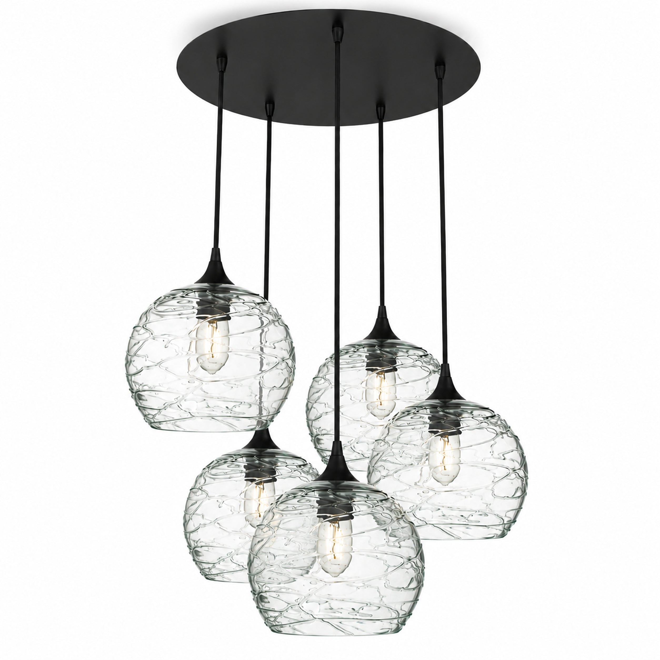 768 5 Pendant Cascade Chandelier-Bicycle Glass Co-Spun-Eco Clear-Matte Black - 4ft Cord-Bicycle Glass Co