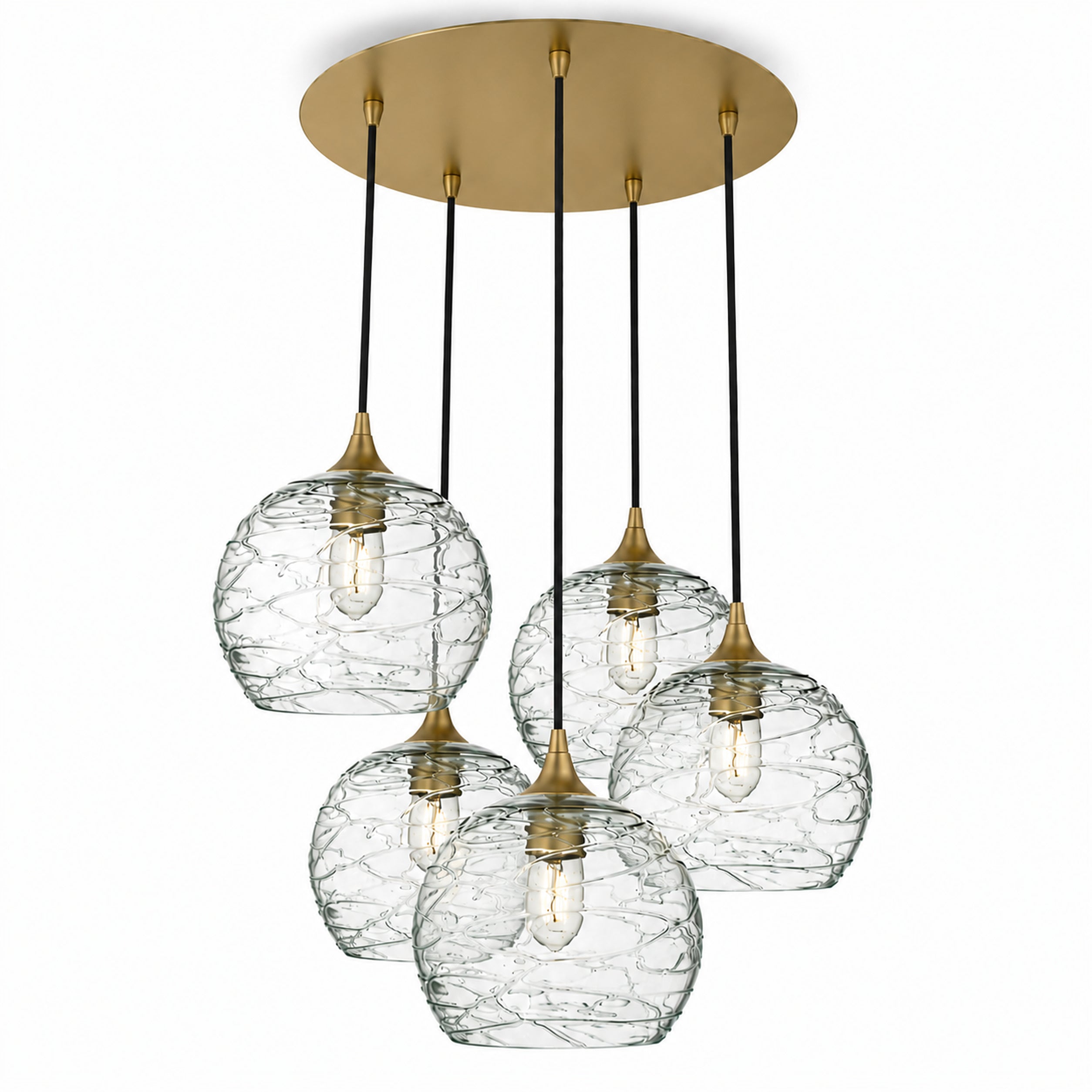768 5 Pendant Cascade Chandelier-Bicycle Glass Co-Spun-Eco Clear-Polished Brass - 4ft Cord-Bicycle Glass Co