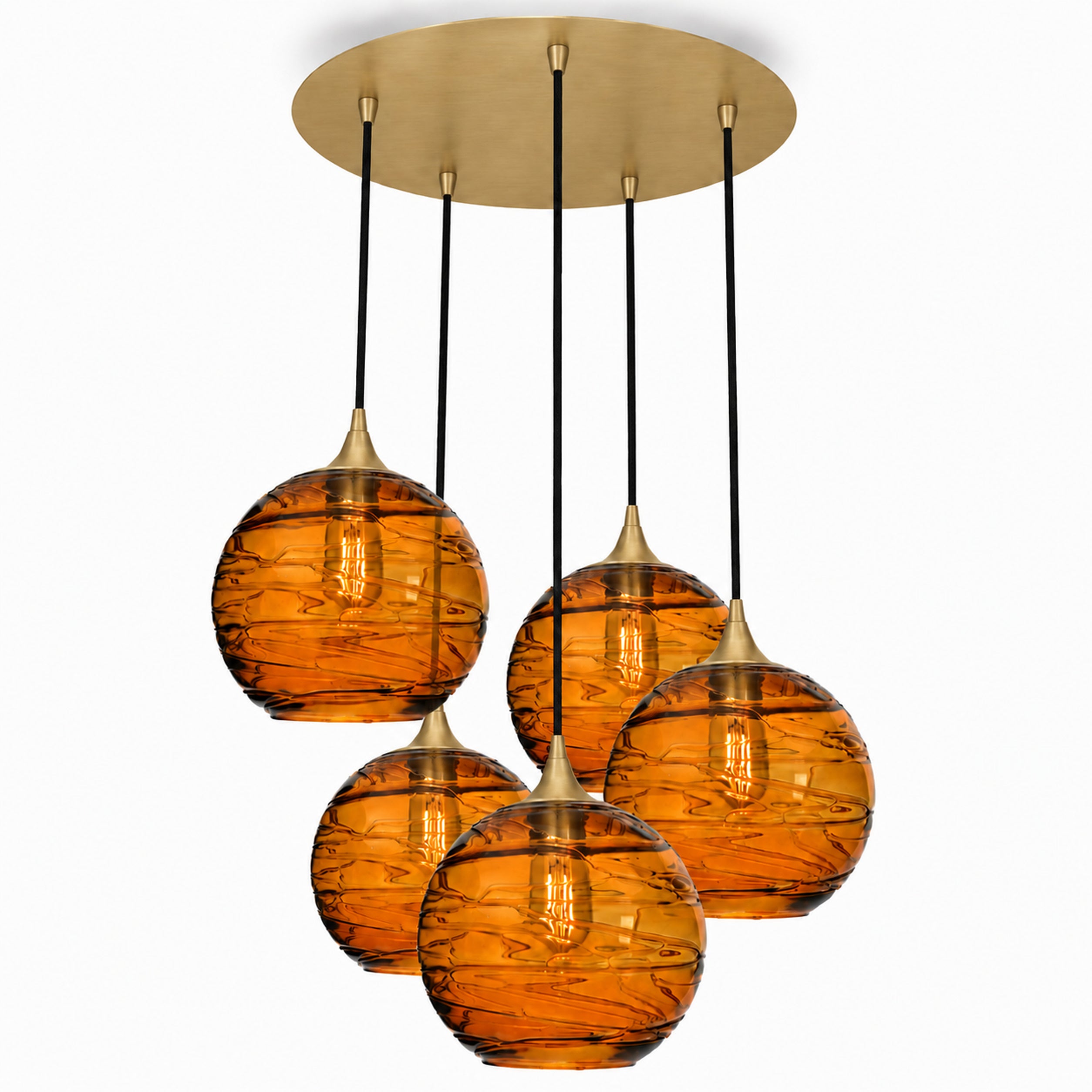 768 5 Pendant Cascade Chandelier-Bicycle Glass Co-Spun-Golden Amber-Polished Brass - 4ft Cord-Bicycle Glass Co