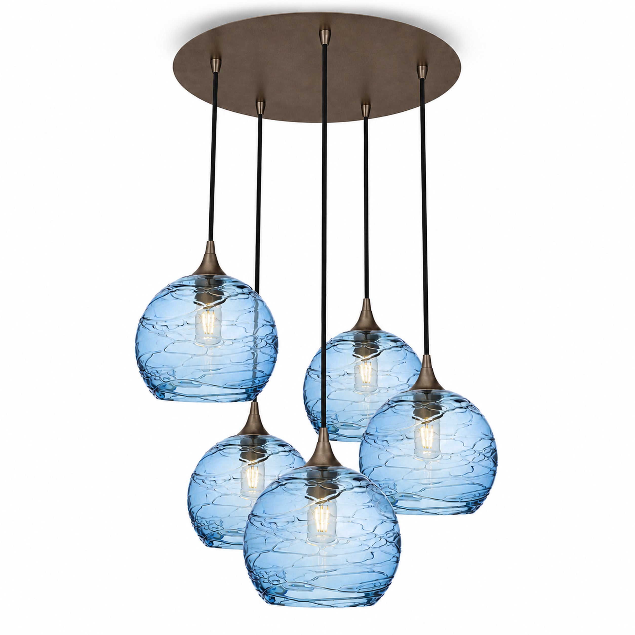 768 5 Pendant Cascade Chandelier-Bicycle Glass Co-Spun-Steel Blue-Antique Bronze - 4ft Cord-Bicycle Glass Co