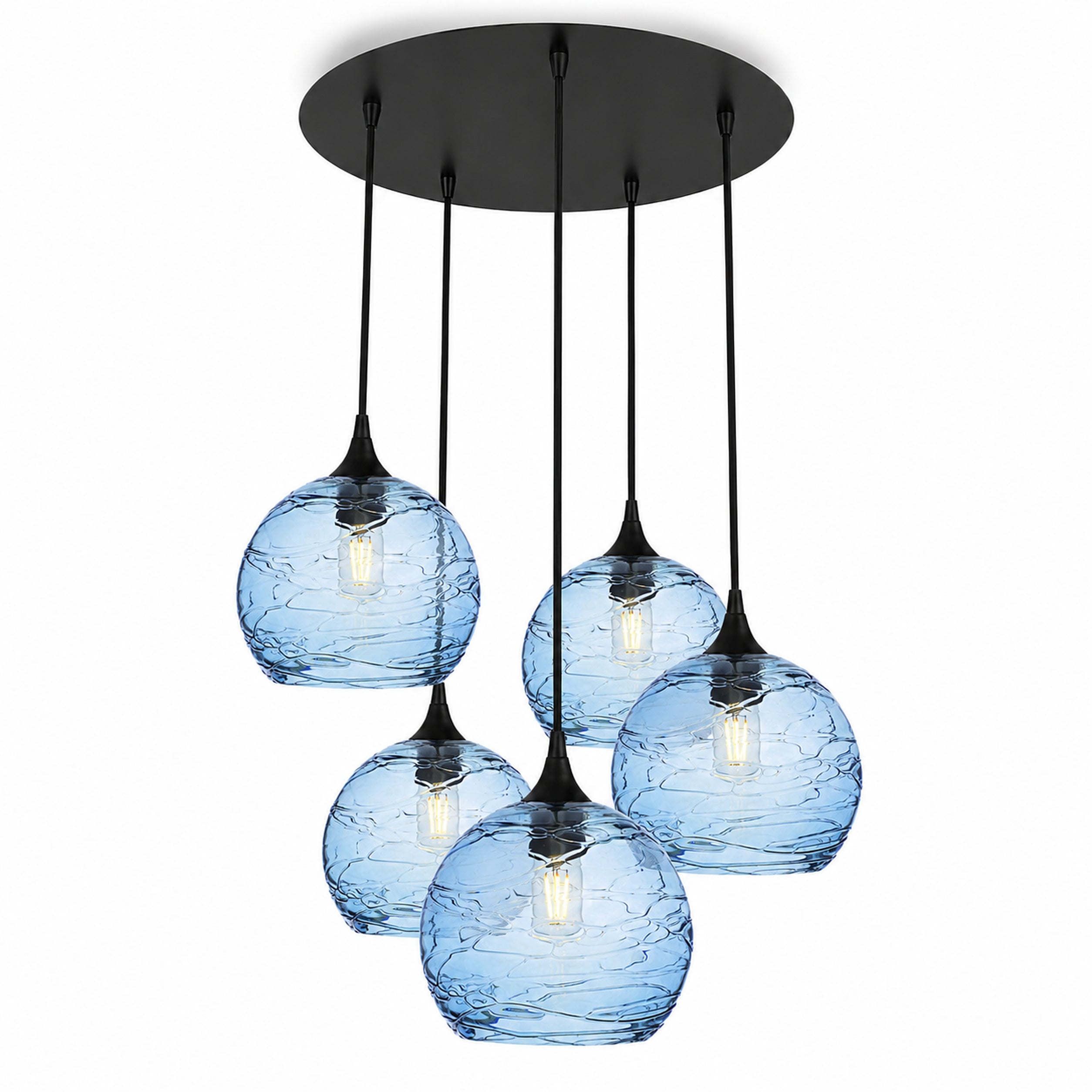 768 5 Pendant Cascade Chandelier-Bicycle Glass Co-Spun-Steel Blue-Matte Black - 4ft Cord-Bicycle Glass Co