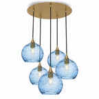 768 5 Pendant Cascade Chandelier-Bicycle Glass Co-Spun-Steel Blue-Polished Brass - 4ft Cord-Bicycle Glass Co