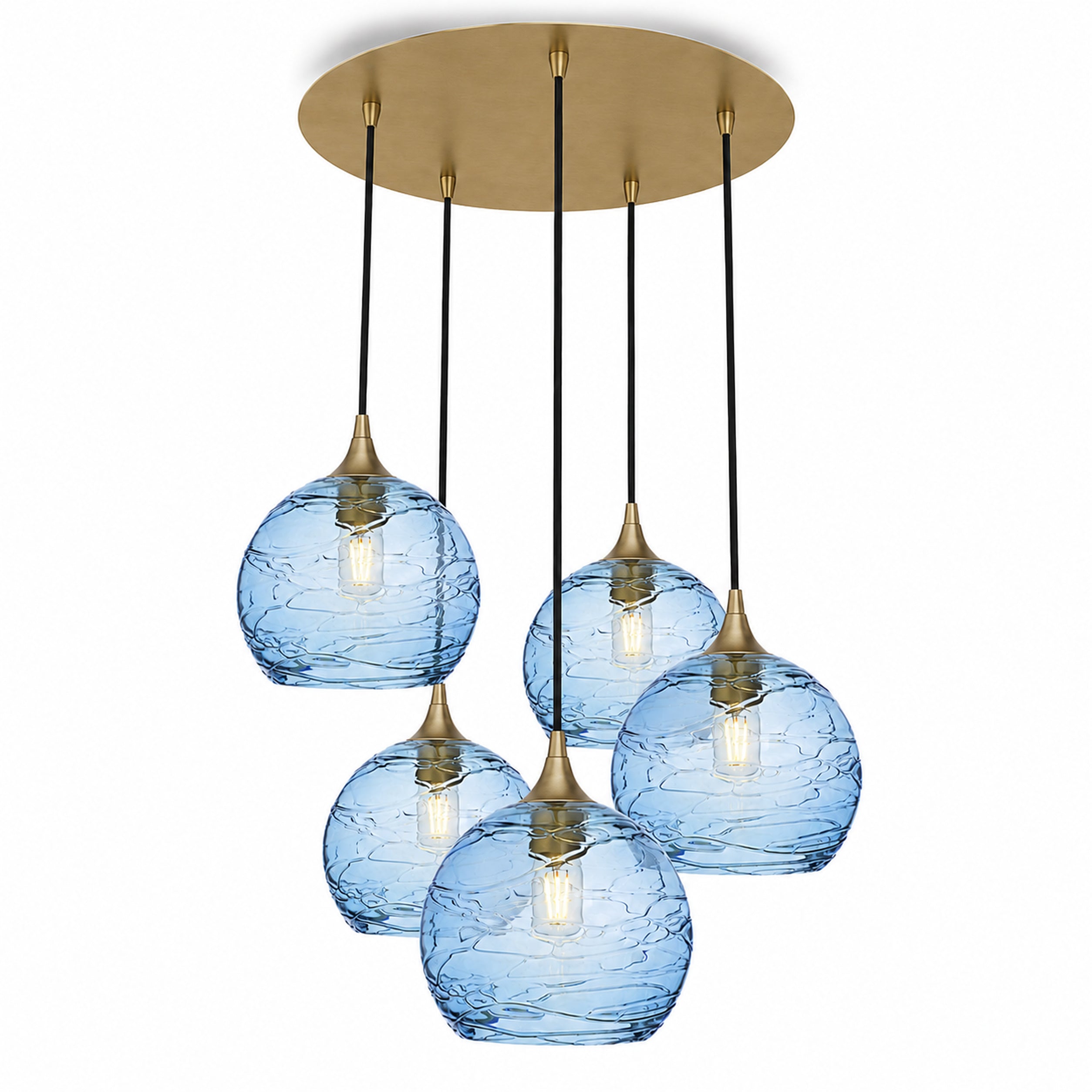 768 5 Pendant Cascade Chandelier-Bicycle Glass Co-Spun-Steel Blue-Polished Brass - 4ft Cord-Bicycle Glass Co