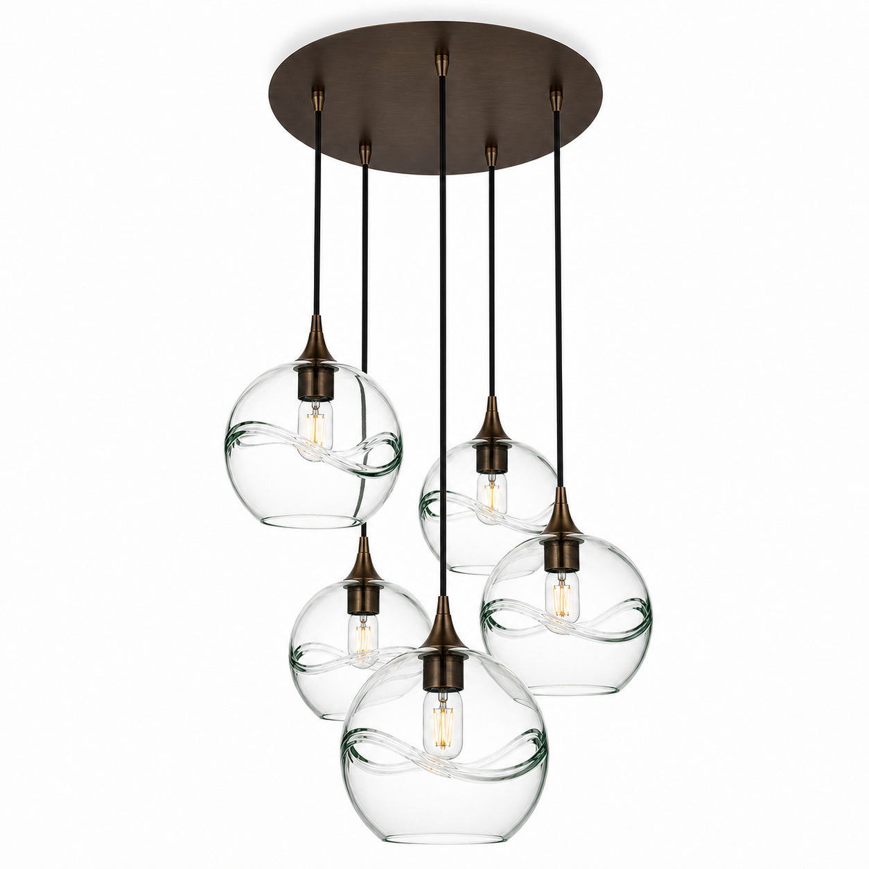 768 5 Pendant Cascade Chandelier-Bicycle Glass Co-Swell-Eco Clear-Antique Bronze - 4ft Cord-Bicycle Glass Co