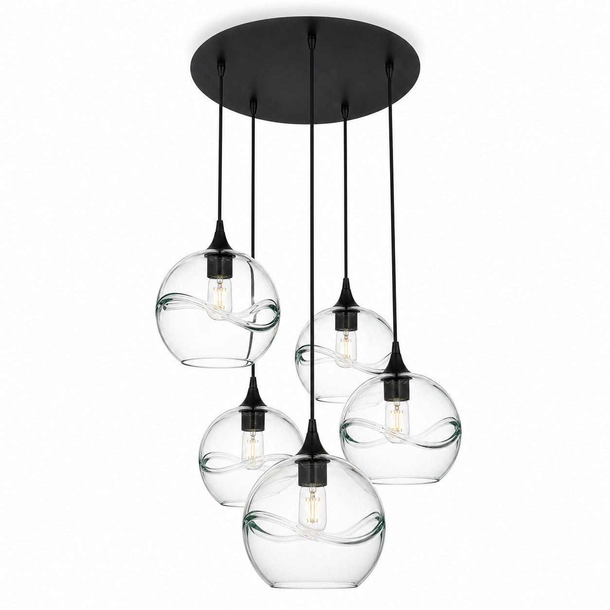 768 5 Pendant Cascade Chandelier-Bicycle Glass Co-Swell-Eco Clear-Matte Black - 4ft Cord-Bicycle Glass Co