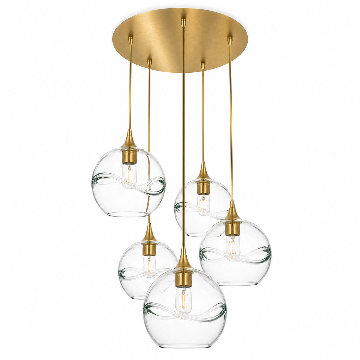 768 5 Pendant Cascade Chandelier-Bicycle Glass Co-Swell-Eco Clear-Polished Brass - 4ft Cord-Bicycle Glass Co