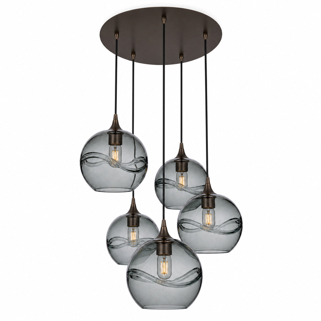 768 5 Pendant Cascade Chandelier-Bicycle Glass Co-Swell-Slate Gray-Antique Bronze - 4ft Cord-Bicycle Glass Co