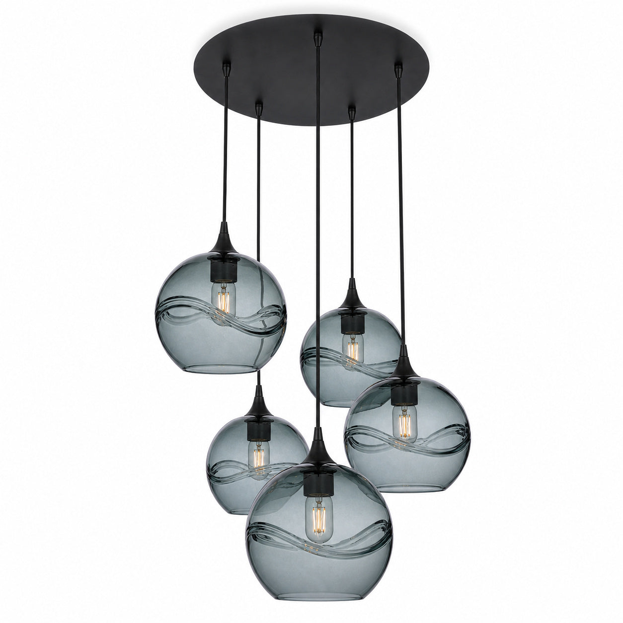 768 5 Pendant Cascade Chandelier-Bicycle Glass Co-Swell-Slate Gray-Matte Black - 4ft Cord-Bicycle Glass Co