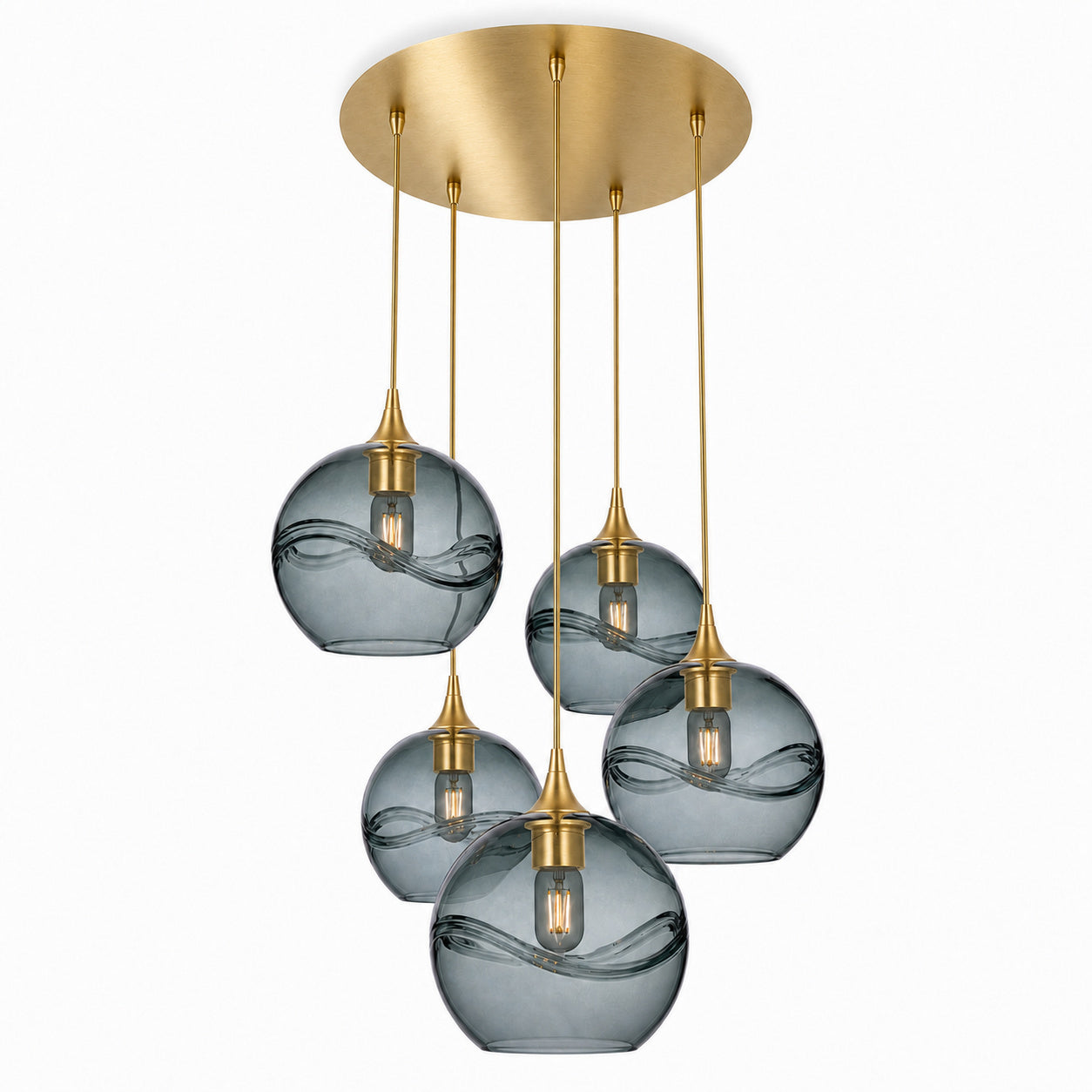 768 5 Pendant Cascade Chandelier-Bicycle Glass Co-Swell-Slate Gray-Polished Brass - 4ft Cord-Bicycle Glass Co