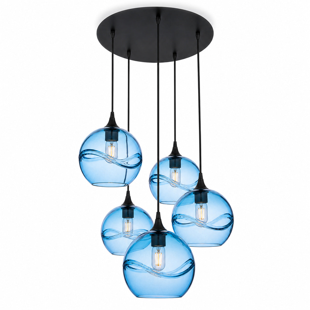 768 5 Pendant Cascade Chandelier-Bicycle Glass Co-Swell-Steel Blue-Matte Black - 4ft Cord-Bicycle Glass Co