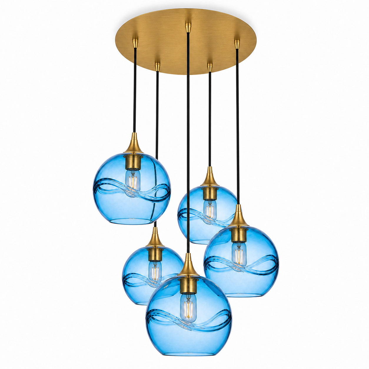 768 5 Pendant Cascade Chandelier-Bicycle Glass Co-Swell-Steel Blue-Polished Brass - 4ft Cord-Bicycle Glass Co