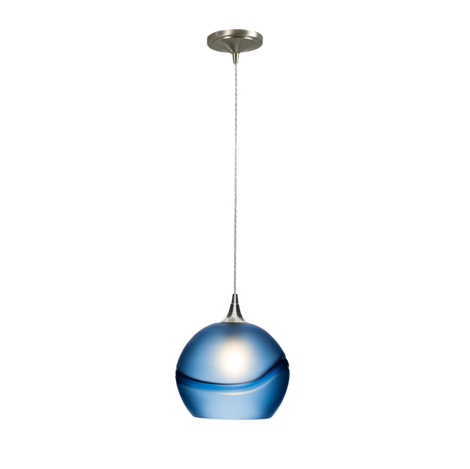 Bicycle Glass Co 768 Glacial: Single Pendant Light, Steel Blue Glass, Brushed Nickel Hardware, Light Bulb On, Full Pendant Hardware Shot