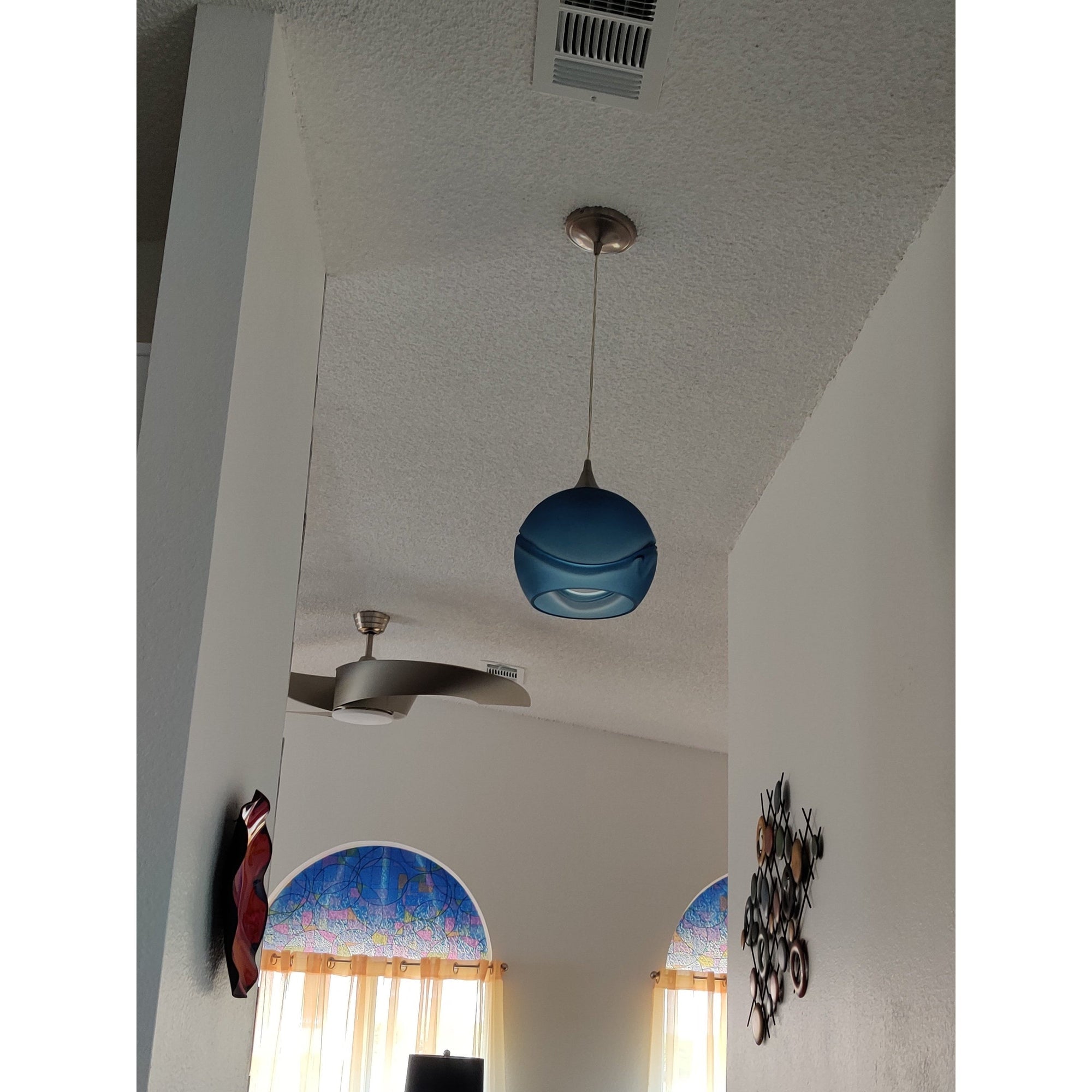 Bicycle Glass Co 768 Glacial: Single Pendant Light, Steel Blue Glass, Brushed Nickel Hardware, Light Bulb Off, Lifestyle Shot, Hallway