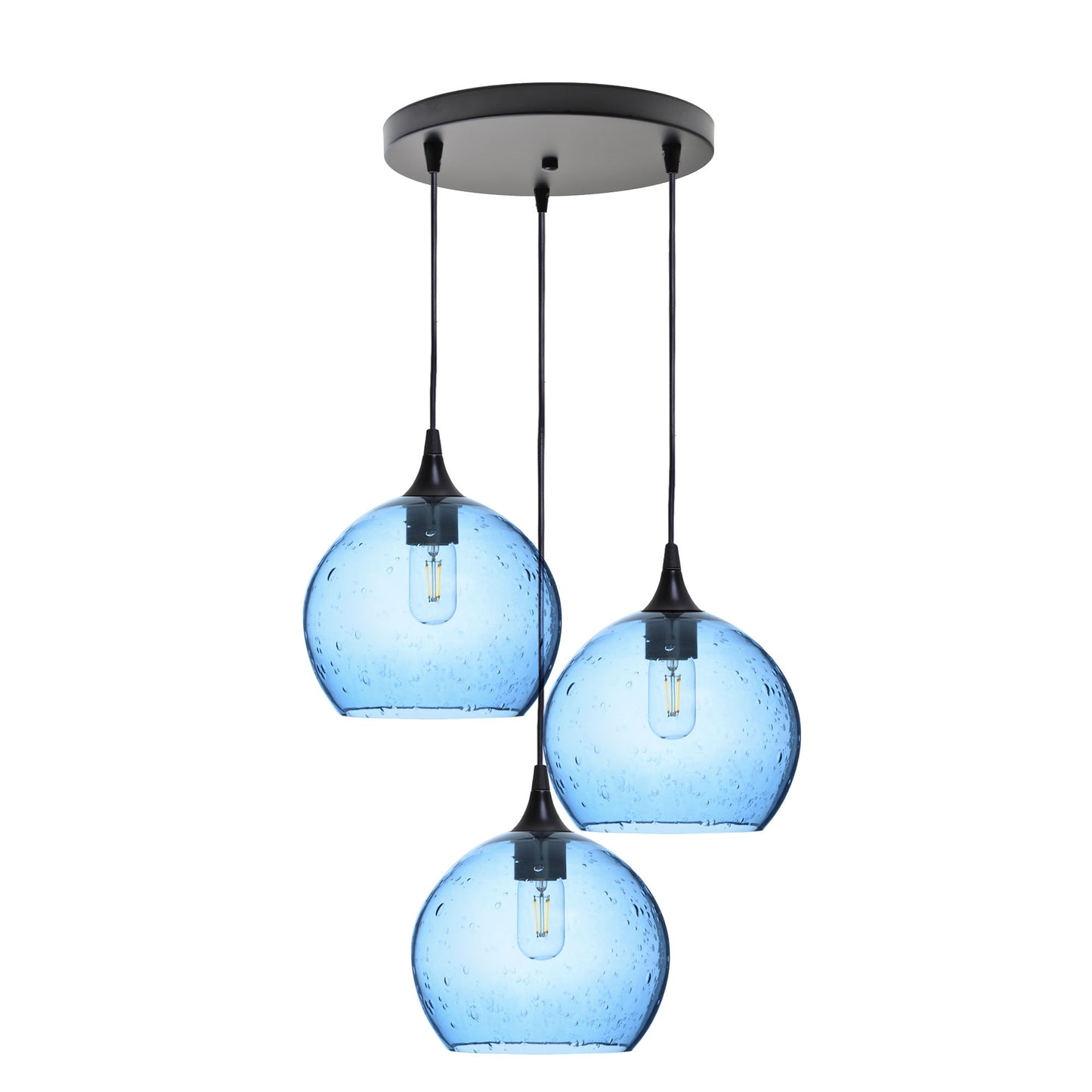 768 Lunar: 3 Pendant Cascade Chandelier-Glass-Bicycle Glass Co - Hotshop-Steel Blue-Matte Black-Bicycle Glass Co