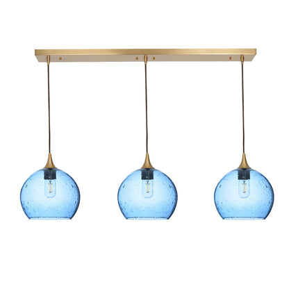 768 Lunar: 3 Pendant Linear Chandelier-Glass-Bicycle Glass Co - Hotshop-Steel Blue-Polished Brass-Bicycle Glass Co