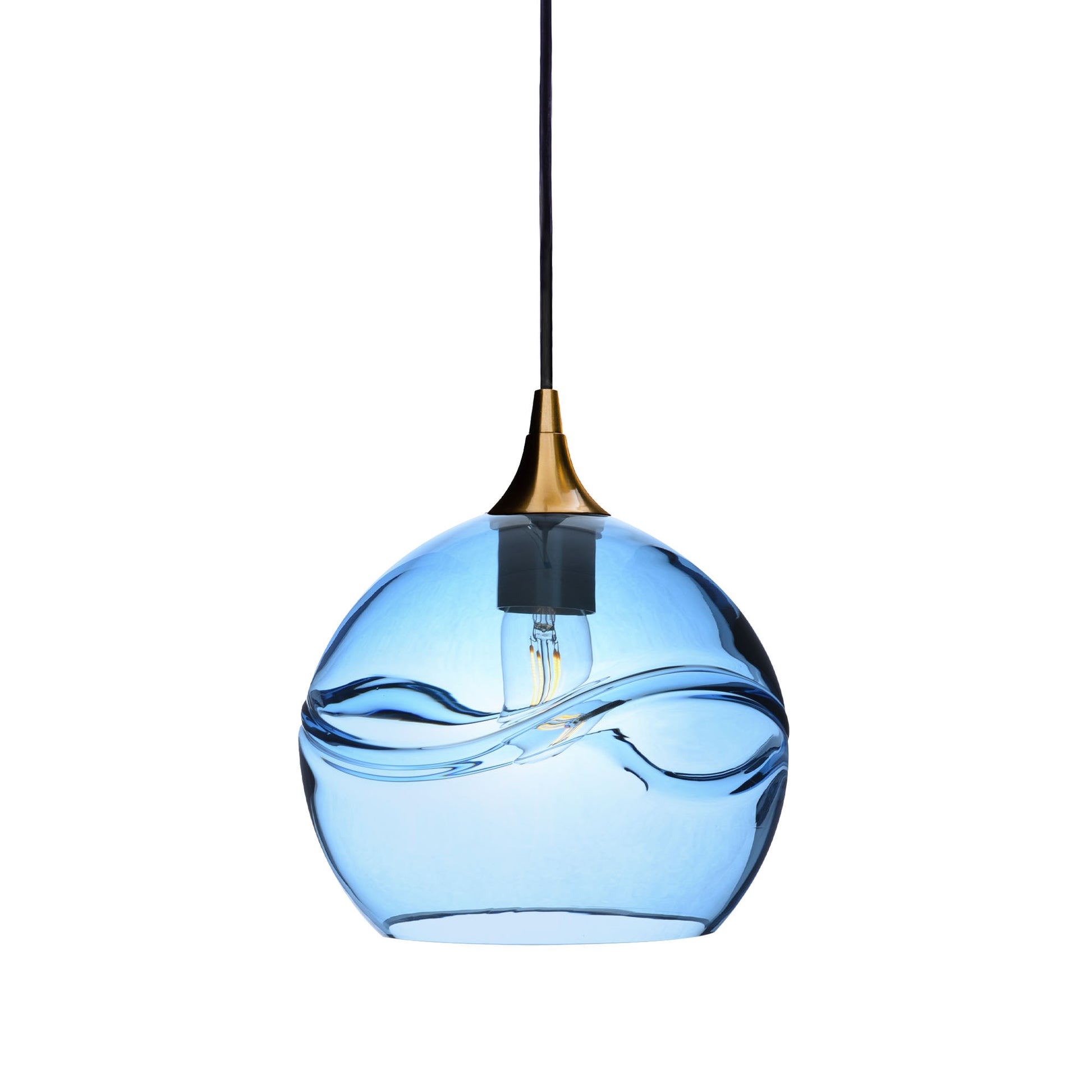 768 Single Pendant Light-Bicycle Glass Co-Polished Brass 15ft Cord + Track Mount-Swell-Steel Blue-Bicycle Glass Co
