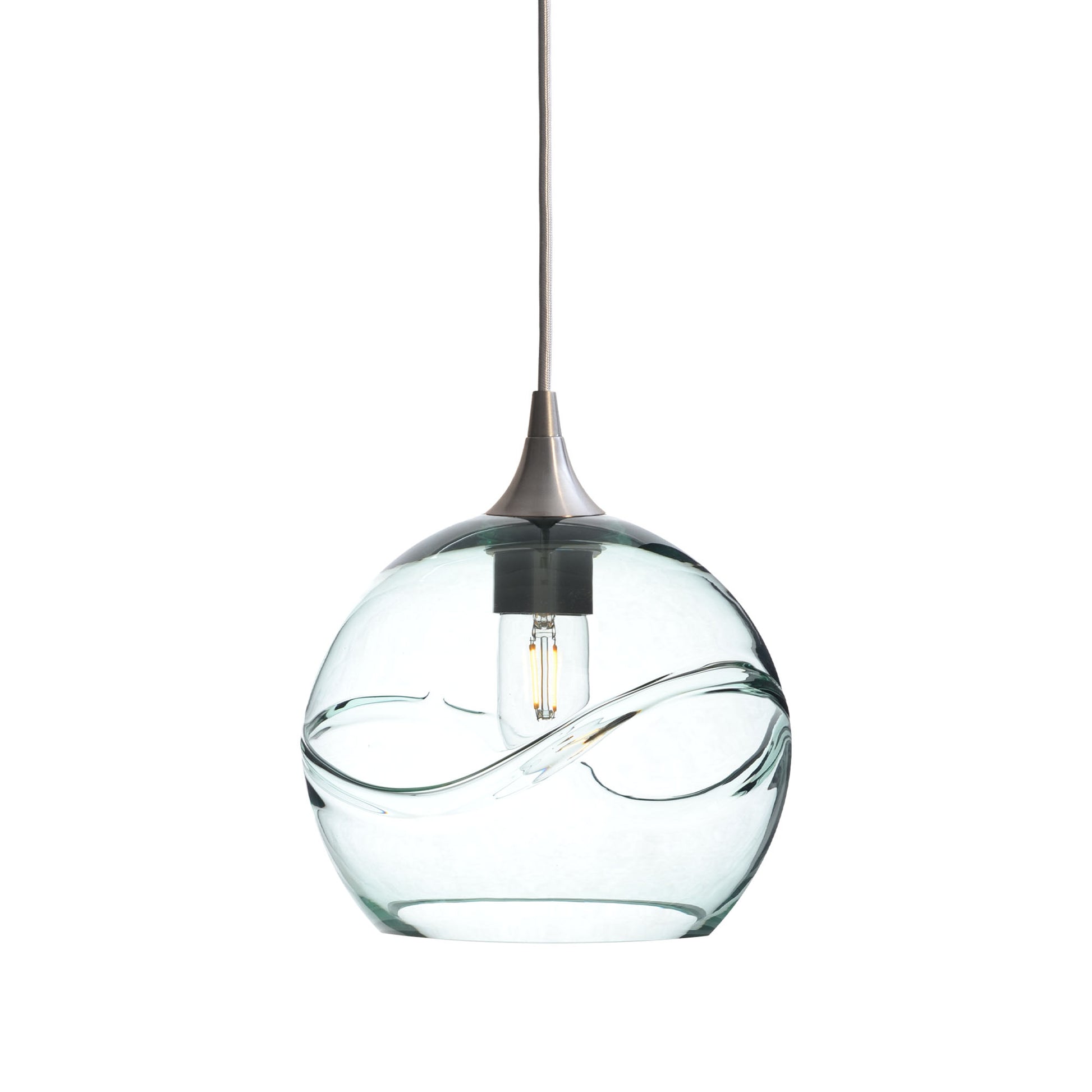 768 Single Pendant Light-Bicycle Glass Co-Brushed Nickel 15ft Cord + Track Mount-Swell-Eco Clear-Bicycle Glass Co