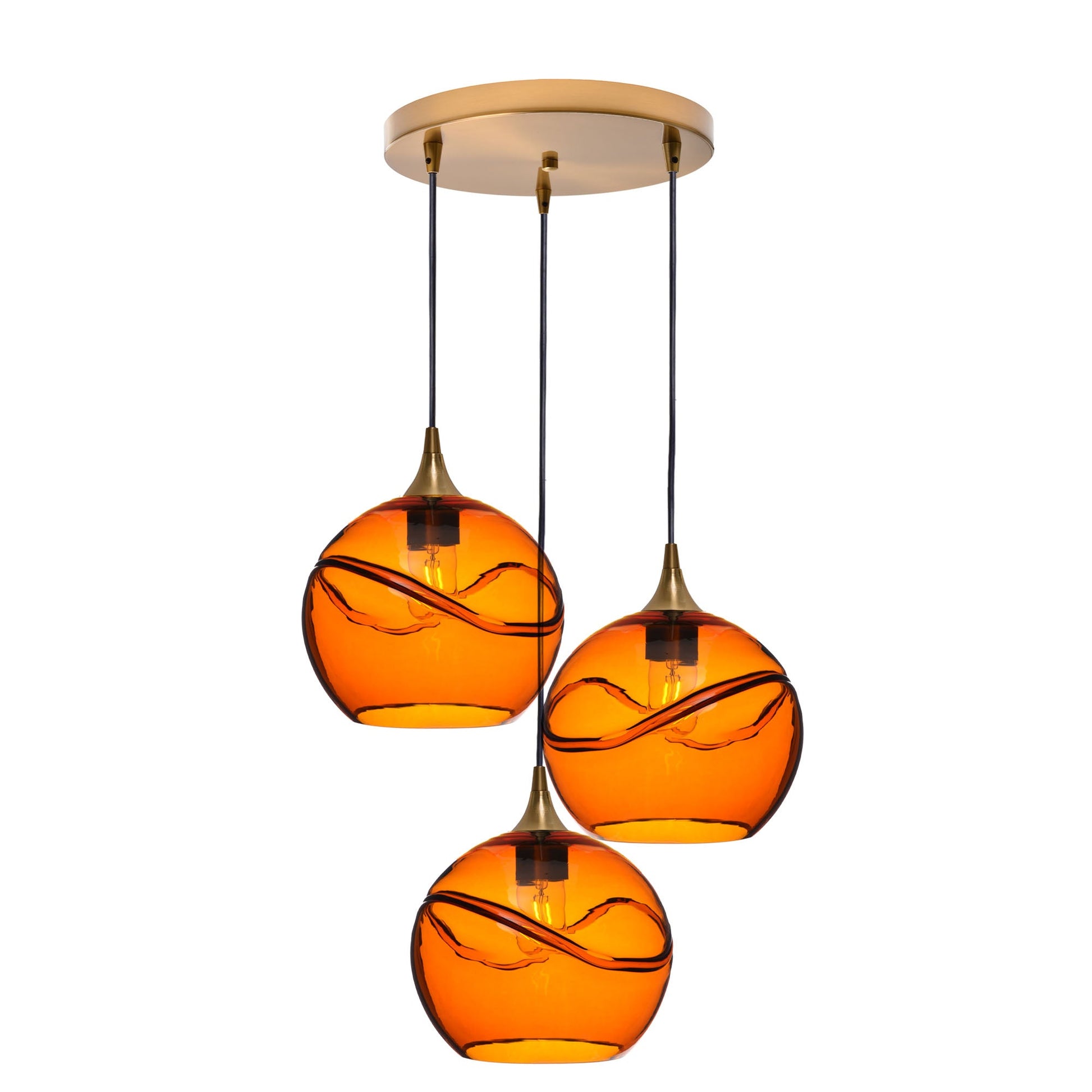 768 Swell: 3 Pendant Cascade Chandelier-Glass-Bicycle Glass Co - Hotshop-Golden Amber-Polished Brass-Bicycle Glass Co