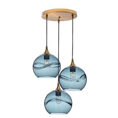 768 Swell: 3 Pendant Cascade Chandelier-Glass-Bicycle Glass Co - Hotshop-Slate Gray-Polished Brass-Bicycle Glass Co