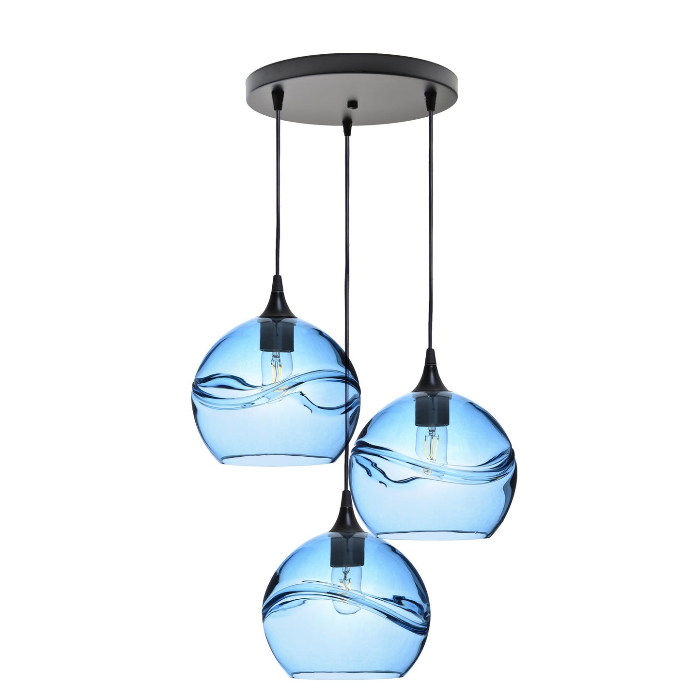 768 Swell: 3 Pendant Cascade Chandelier-Glass-Bicycle Glass Co - Hotshop-Steel Blue-Matte Black-Bicycle Glass Co