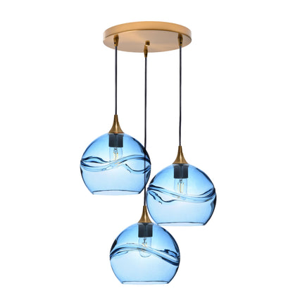 768 Swell: 3 Pendant Cascade Chandelier-Glass-Bicycle Glass Co - Hotshop-Steel Blue-Polished Brass-Bicycle Glass Co