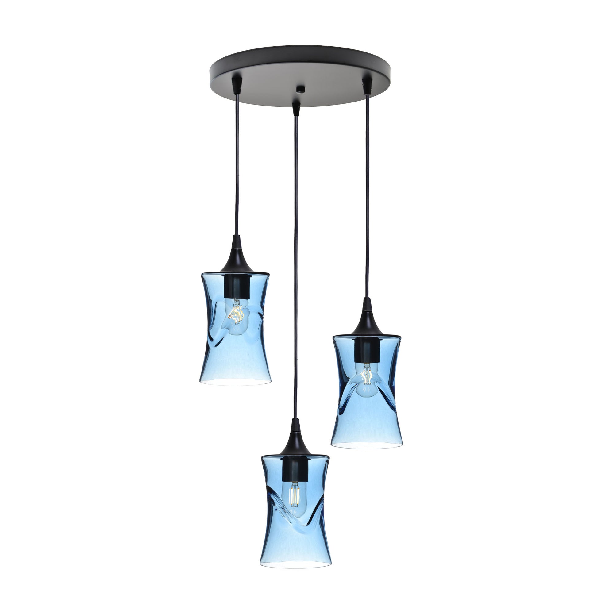 818 3 Pendant Cascade Chandelier-Glass-Bicycle Glass Co-Lunar-Steel Blue-Matte Black - 4ft Cord-Bicycle Glass Co