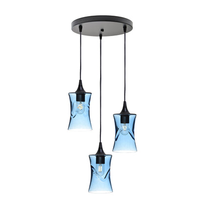 818 3 Pendant Cascade Chandelier-Glass-Bicycle Glass Co-Lunar-Steel Blue-Matte Black - 4ft Cord-Bicycle Glass Co