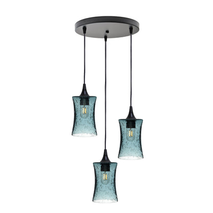 818 3 Pendant Cascade Chandelier-Glass-Bicycle Glass Co-Lunar-Steel Blue-Matte Black - 4ft Cord-Bicycle Glass Co