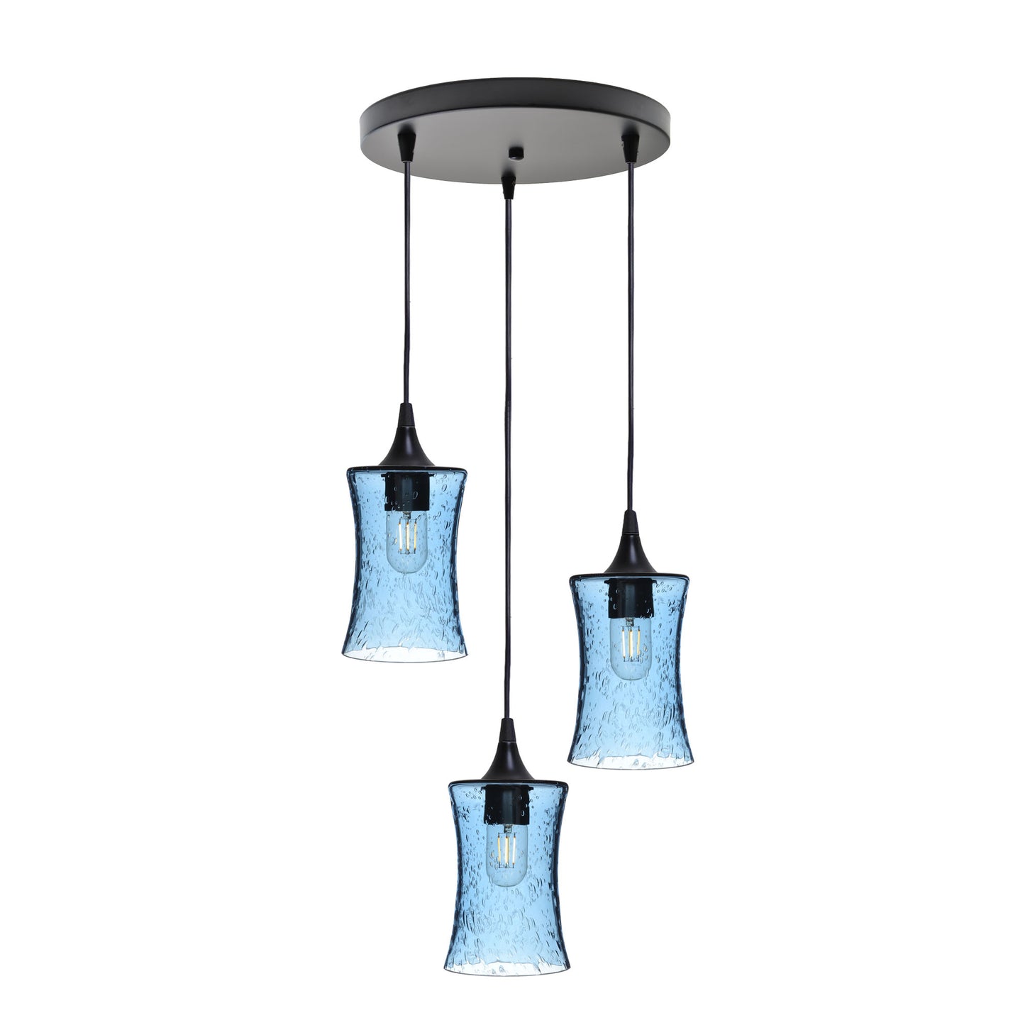 818 3 Pendant Cascade Chandelier-Glass-Bicycle Glass Co-Lunar-Steel Blue-Matte Black - 4ft Cord-Bicycle Glass Co
