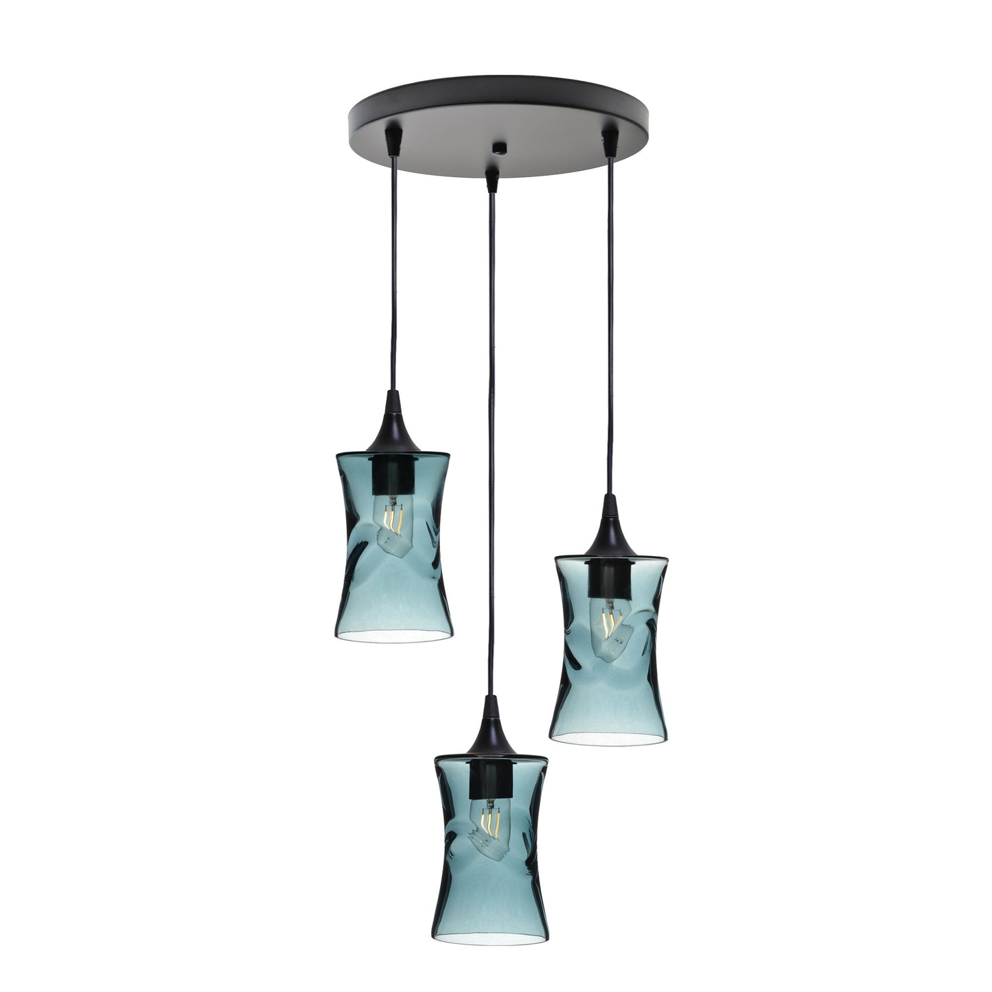 818 3 Pendant Cascade Chandelier-Glass-Bicycle Glass Co-Lunar-Steel Blue-Matte Black - 4ft Cord-Bicycle Glass Co
