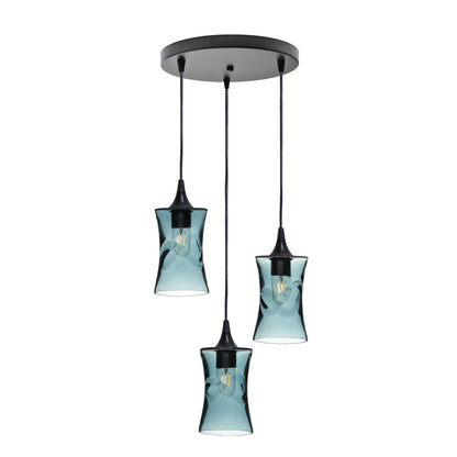 818 3 Pendant Cascade Chandelier-Glass-Bicycle Glass Co-Lunar-Steel Blue-Matte Black - 4ft Cord-Bicycle Glass Co