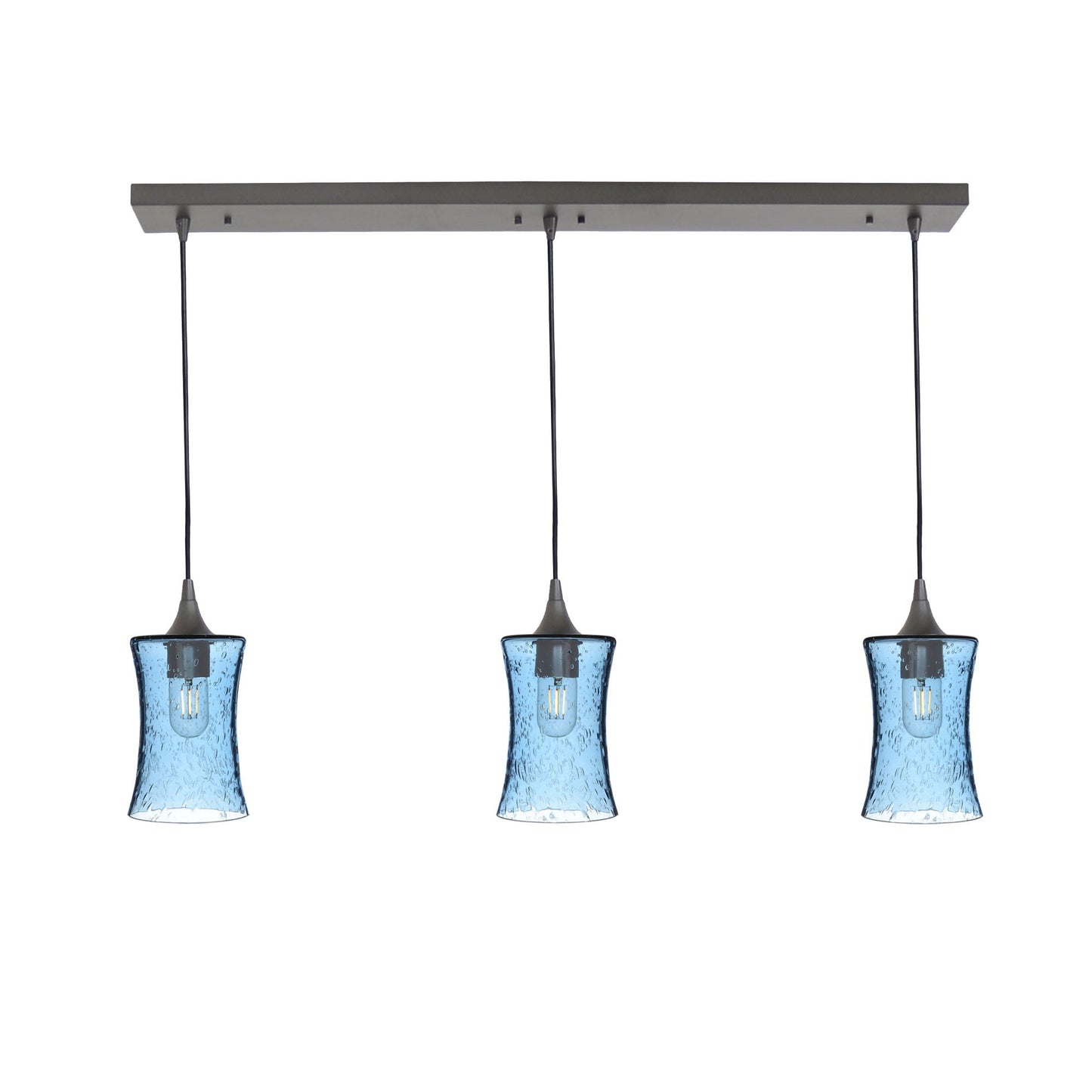 818 3 Pendant Linear Chandelier-Glass-Bicycle Glass Co - Hardware-Antique Bronze - 4ft Cord-Lunar-Steel Blue-Bicycle Glass Co