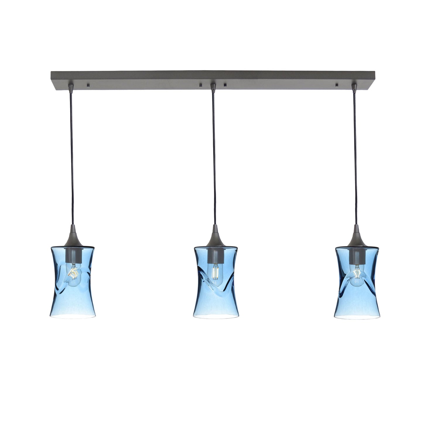 818 3 Pendant Linear Chandelier-Glass-Bicycle Glass Co - Hardware-Antique Bronze - 4ft Cord-Swell-Steel Blue-Bicycle Glass Co