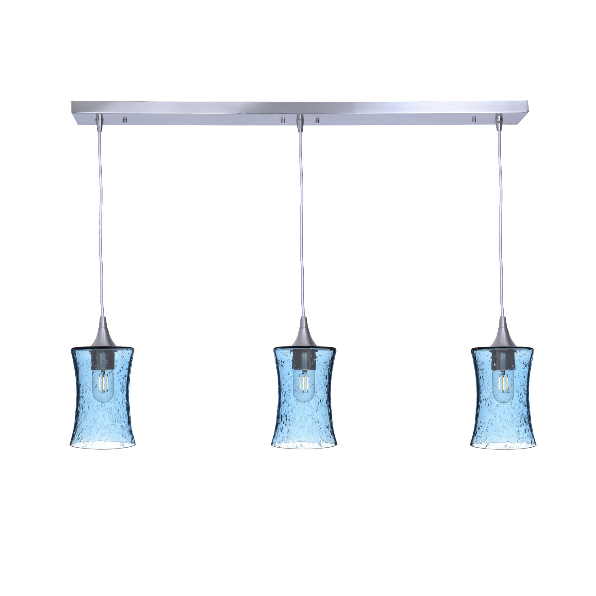 818 3 Pendant Linear Chandelier-Glass-Bicycle Glass Co - Hardware-Brushed Nickel - 4ft Cord-Lunar-Steel Blue-Bicycle Glass Co