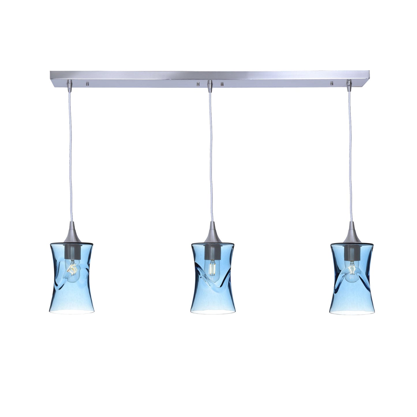 818 3 Pendant Linear Chandelier-Glass-Bicycle Glass Co - Hardware-Brushed Nickel - 4ft Cord-Swell-Steel Blue-Bicycle Glass Co