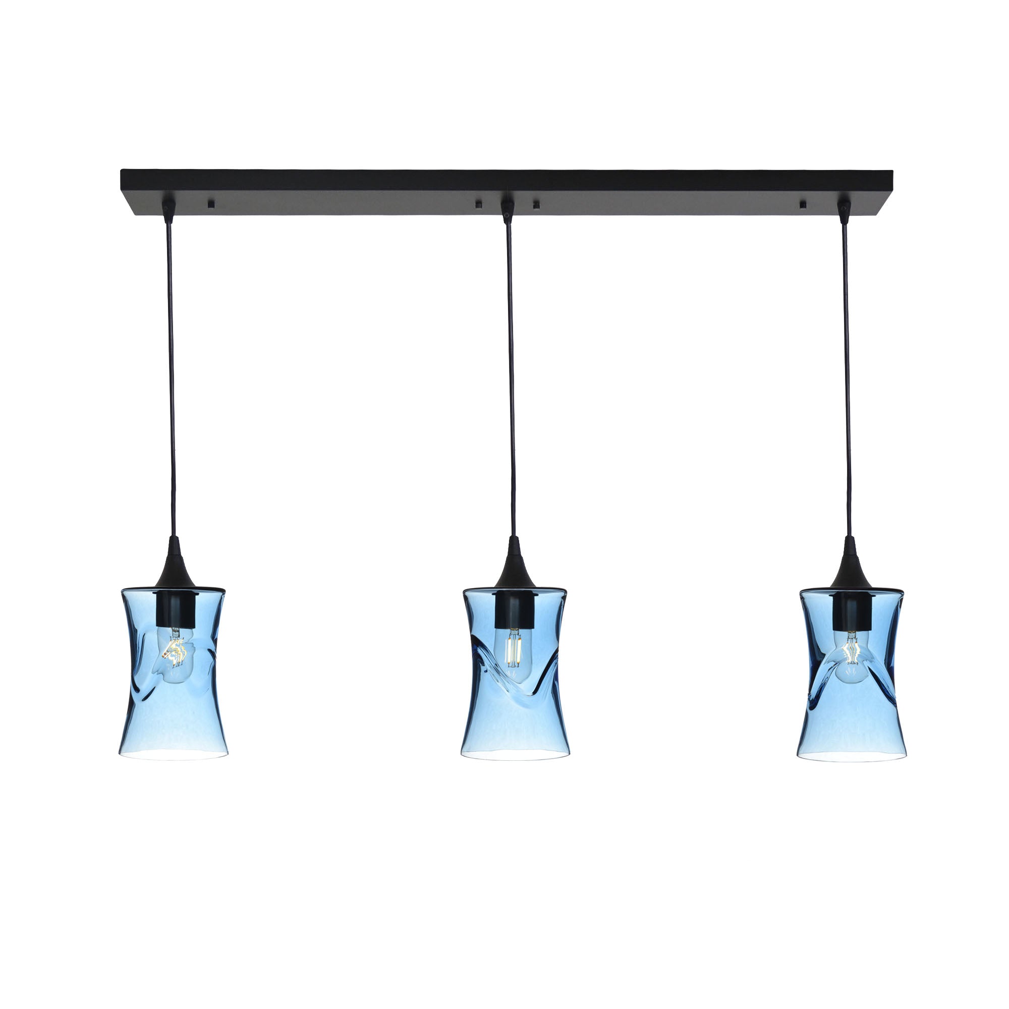 818 3 Pendant Linear Chandelier-Glass-Bicycle Glass Co - Hardware-Matte Black - 4ft Cord-Swell-Steel Blue-Bicycle Glass Co
