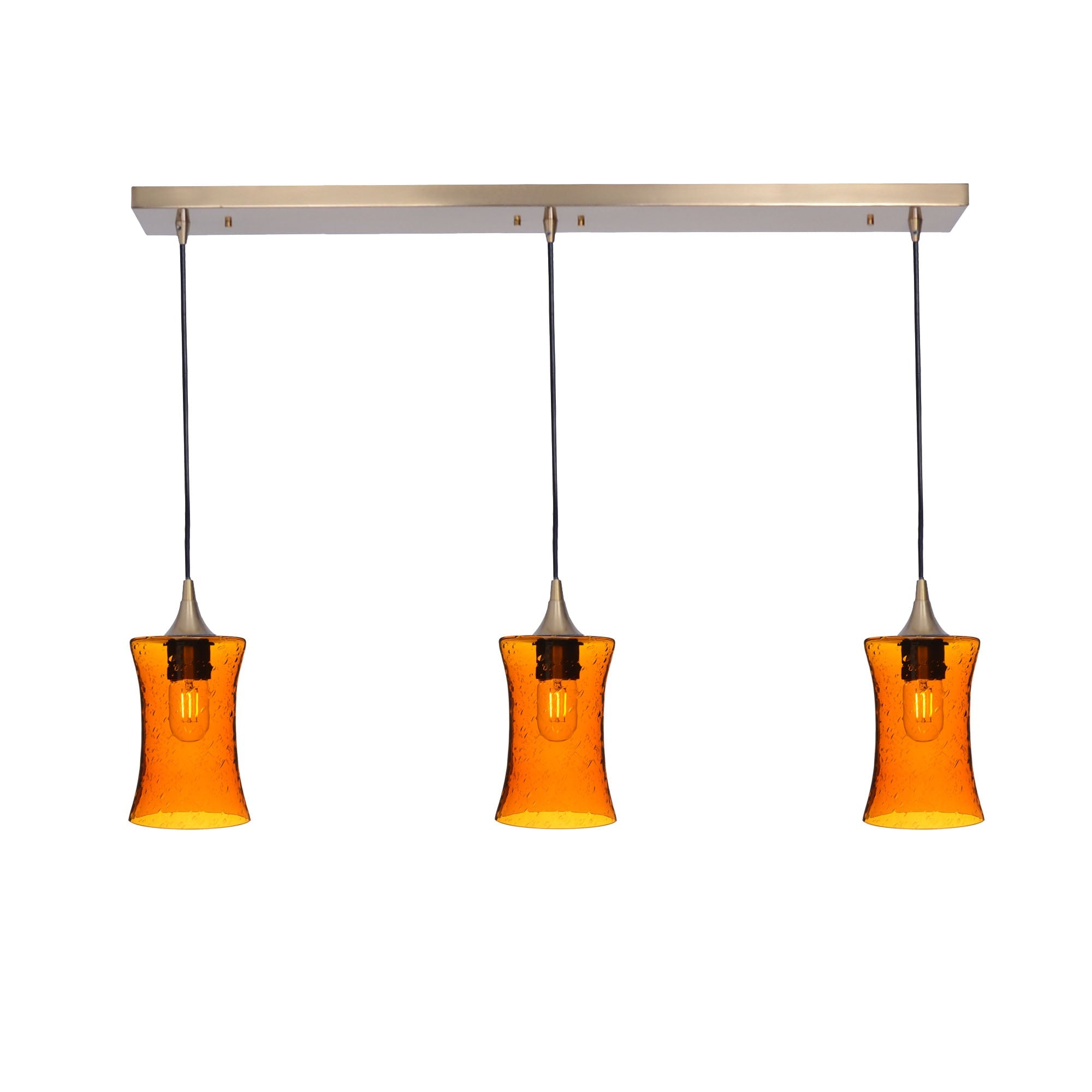 818 3 Pendant Linear Chandelier-Glass-Bicycle Glass Co - Hardware-Polished Brass - 4ft Cord-Lunar-Golden Amber-Bicycle Glass Co