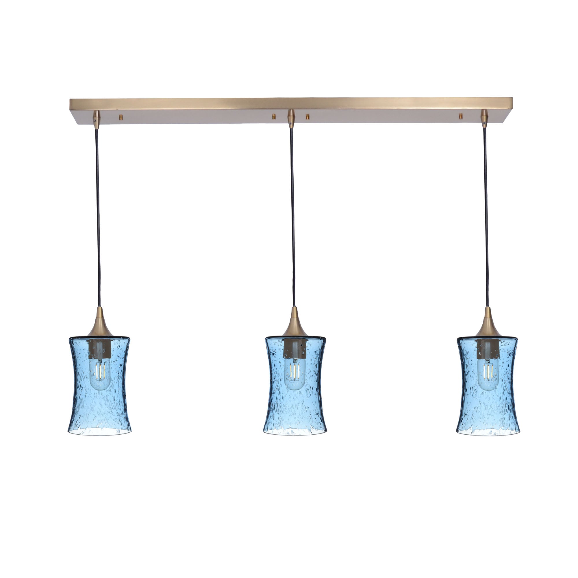 818 3 Pendant Linear Chandelier-Glass-Bicycle Glass Co - Hardware-Polished Brass - 4ft Cord-Lunar-Steel Blue-Bicycle Glass Co