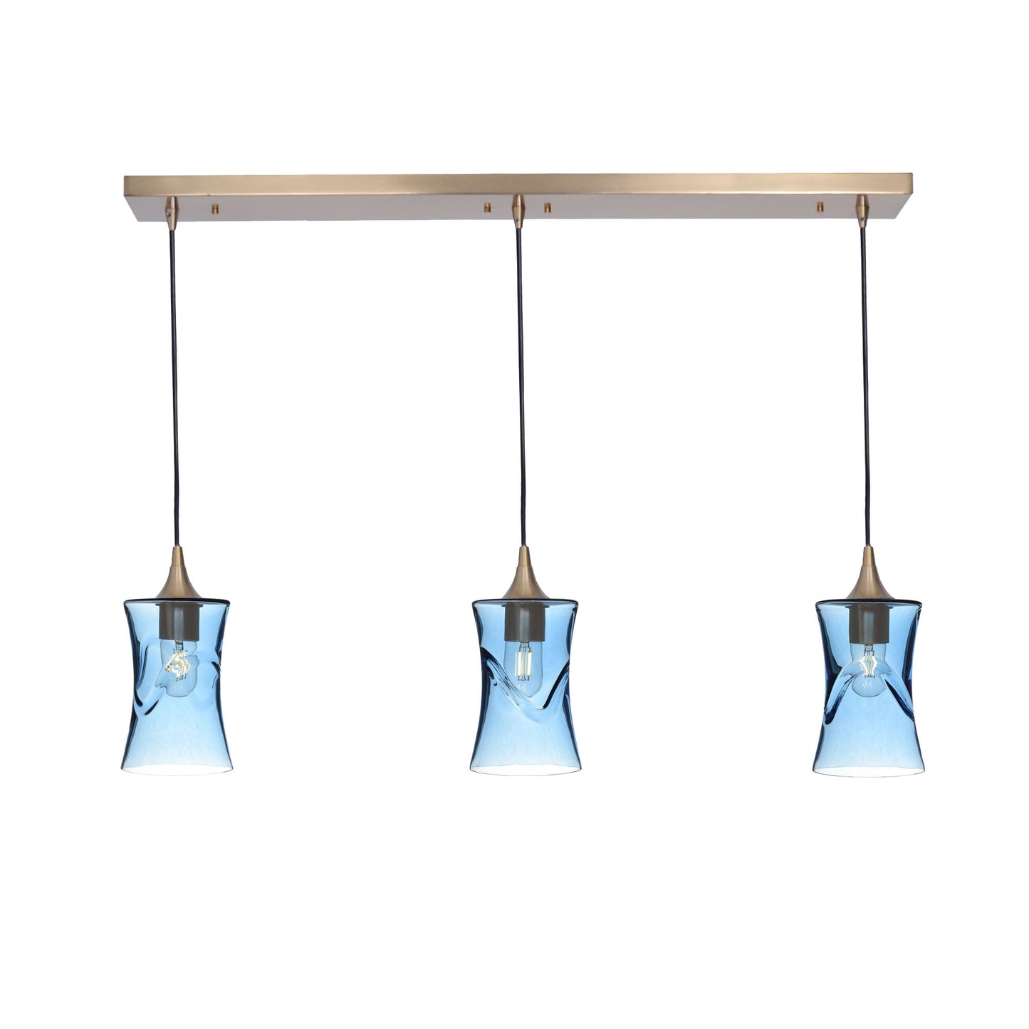 818 3 Pendant Linear Chandelier-Glass-Bicycle Glass Co - Hardware-Polished Brass - 4ft Cord-Swell-Steel Blue-Bicycle Glass Co
