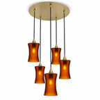 818 5 Pendant Cascade Chandelier-Bicycle Glass Co-Celestial-Golden Amber-Polished Brass - 4ft Cord-Bicycle Glass Co