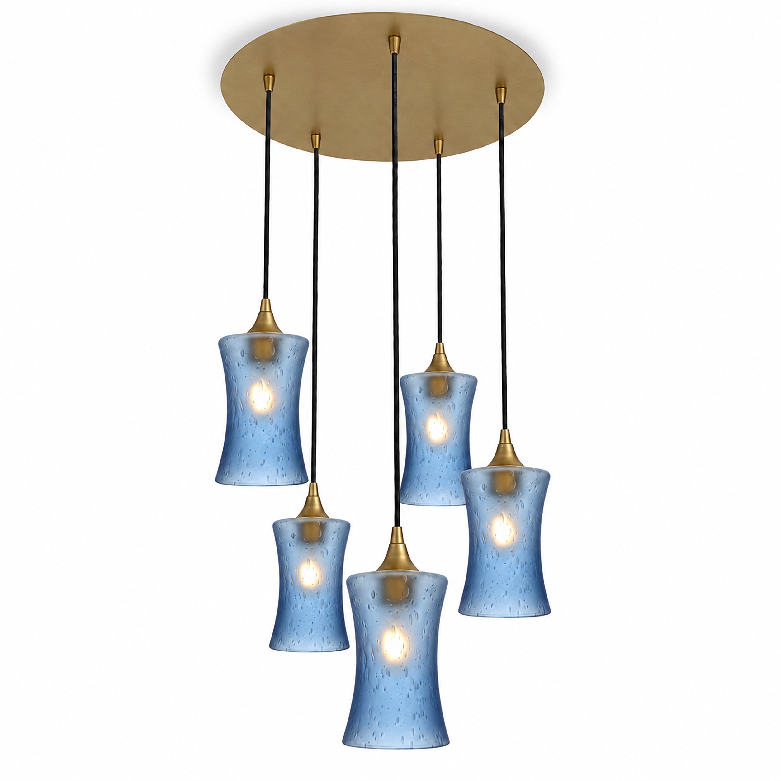 818 5 Pendant Cascade Chandelier-Bicycle Glass Co-Celestial-Steel Blue-Polished Brass - 4ft Cord-Bicycle Glass Co